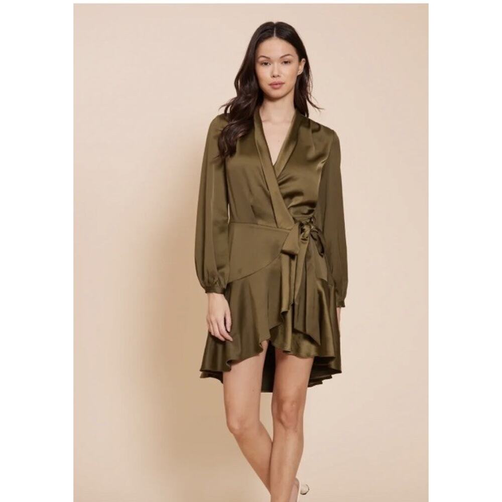 NWT Lucy Paris Adonia Wrap Dress Olive Green Satin Mini sz M long sleeve draped